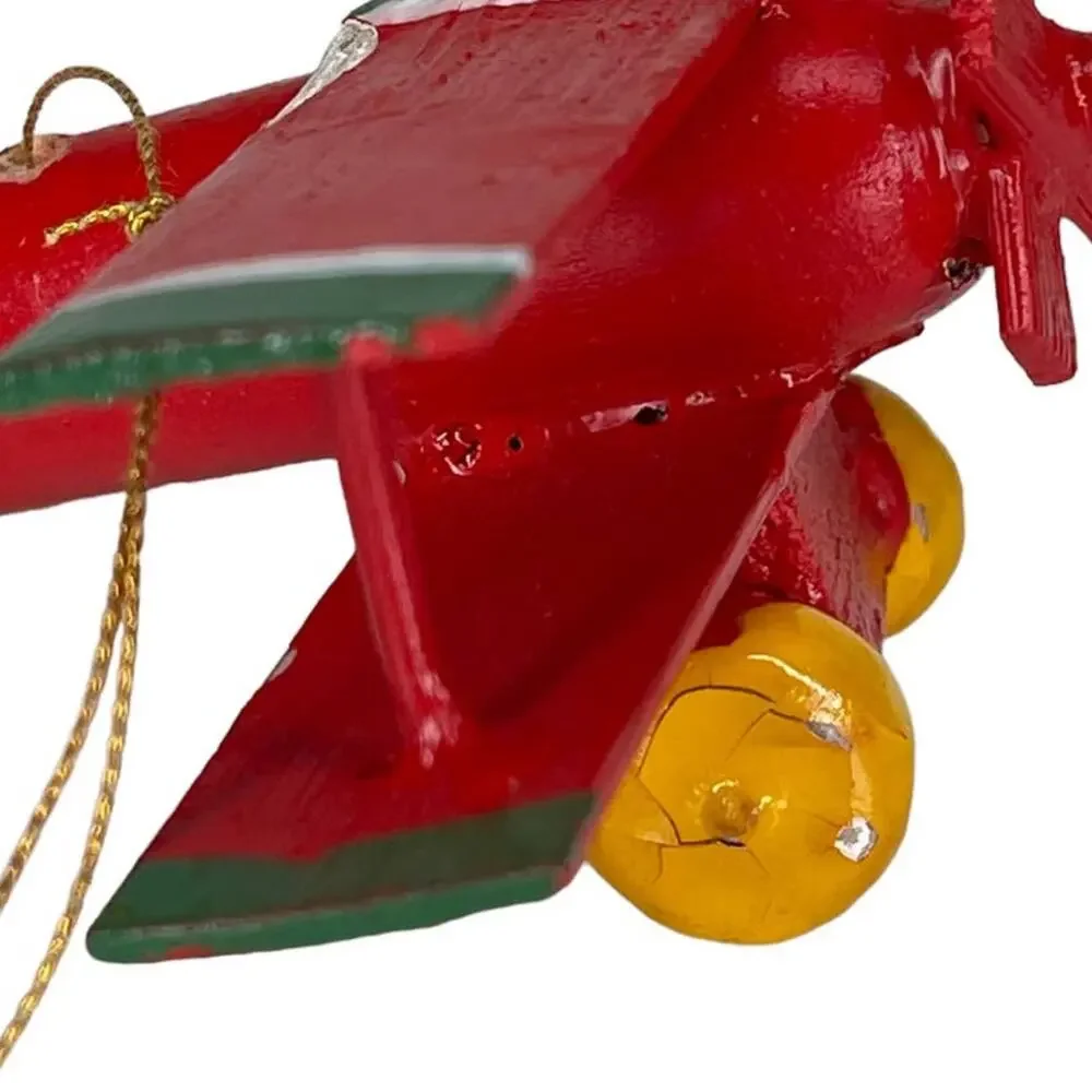Vintage Wooden Airplane Ornament Red Green Folk Art Christmas Decor